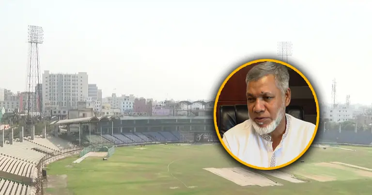 স্টেডিয়ামের ছবি; ইনসেটে বিসিবির গ্রাউন্ডস কমিটির চেয়ারম্যান বাবু